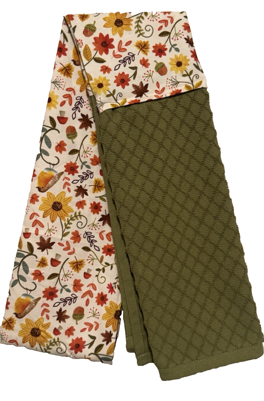 Farmhouse Green Floral Kitchen Towel Boa 34" Cotton Hand Towel Autumn NEW